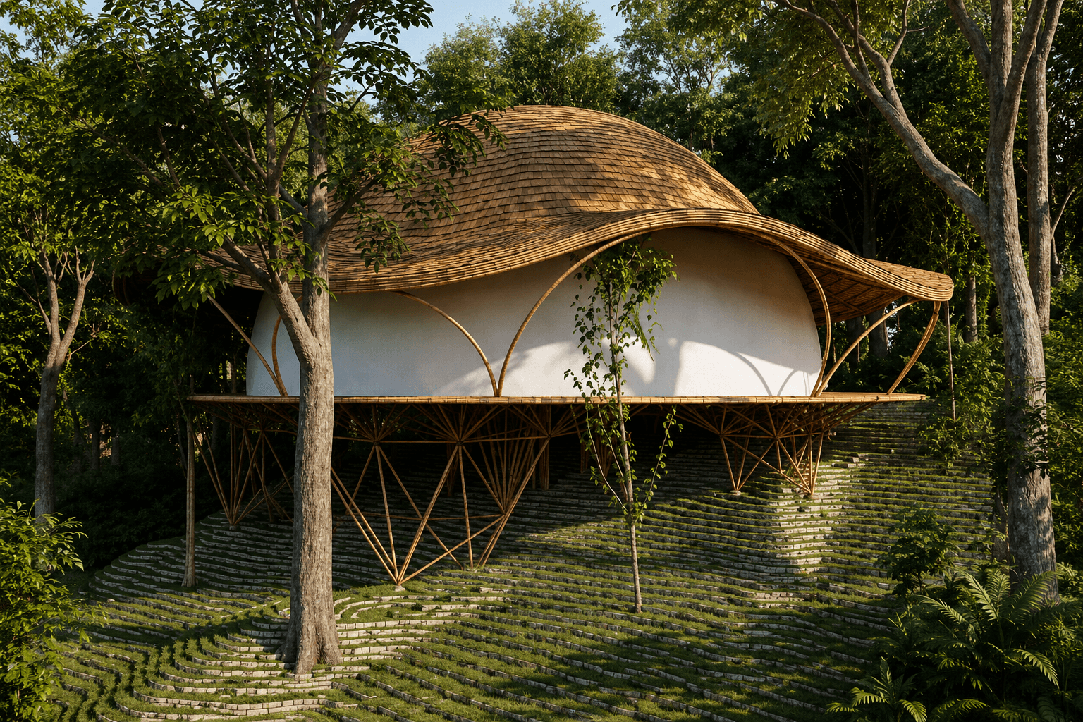 A pavilion at Startup Eco-Ashram: a curved shingled roof over white walls, raised above a wooded slope on a splayed bamboo frame